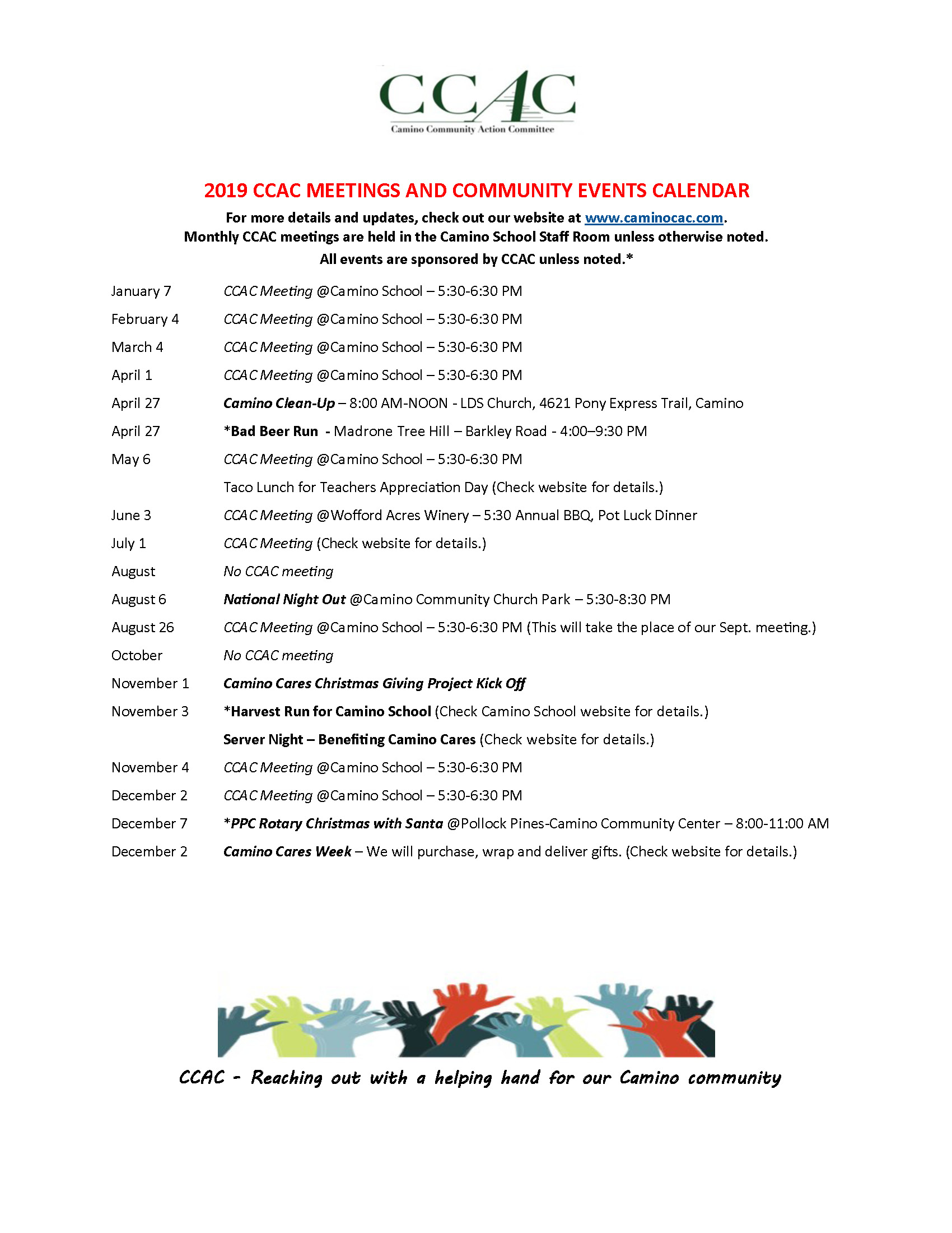 CCAC Calendar 2019 CCAC Working Together for Camino